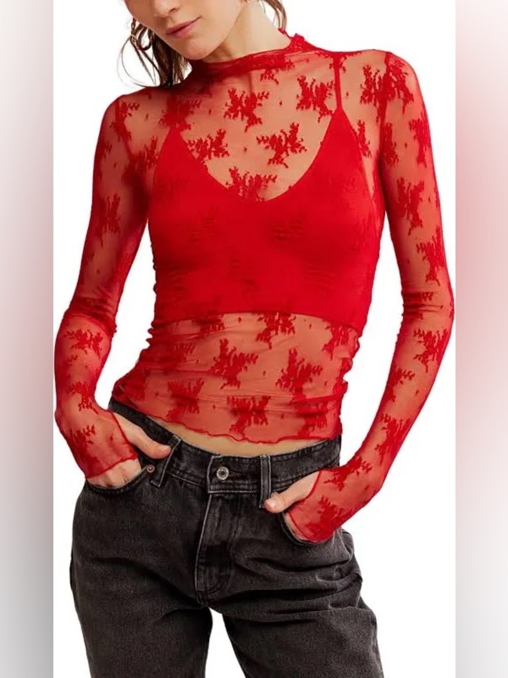 Free People Lady Lux Lace Layering Top NWT Red